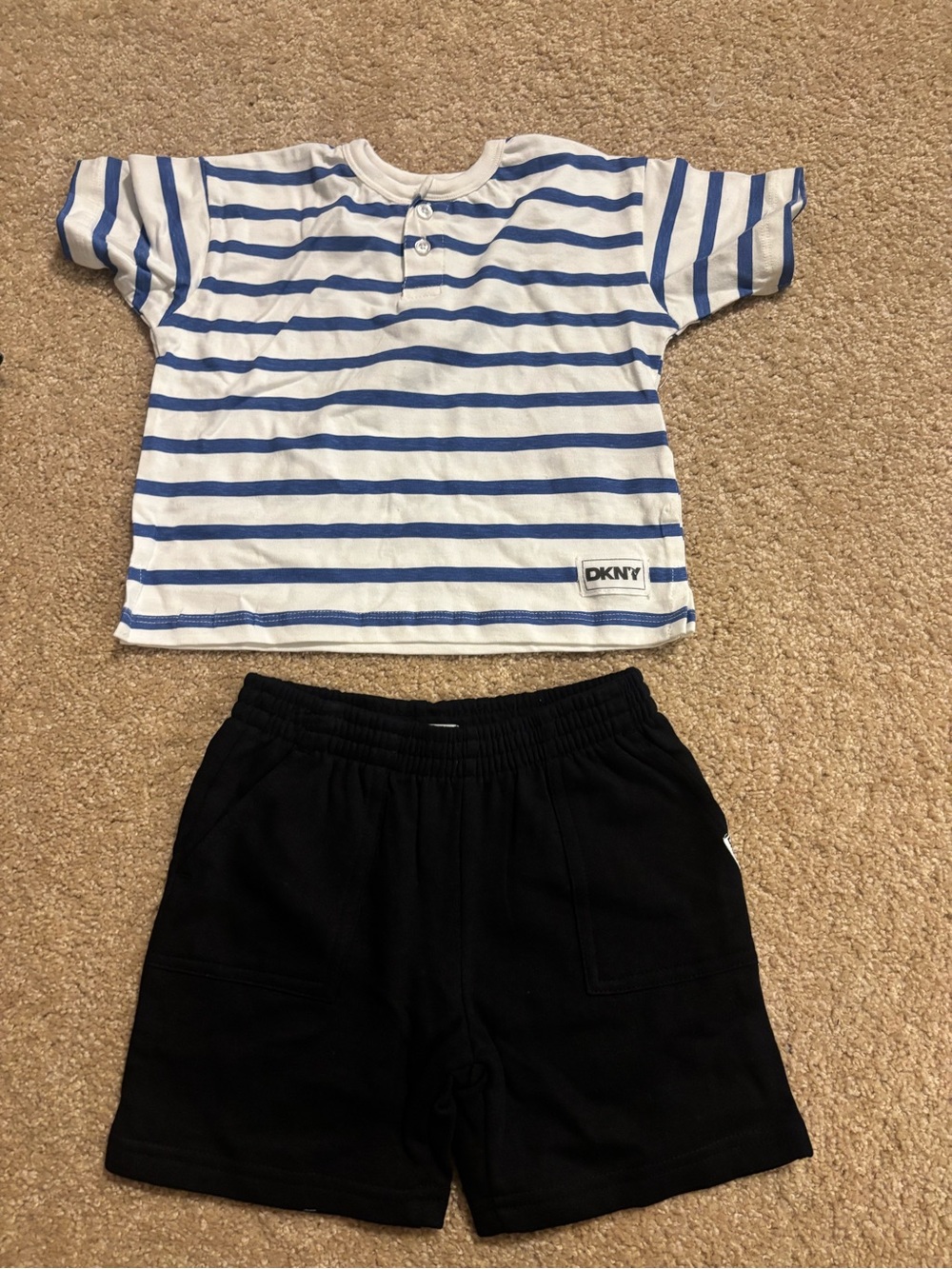 DKNY White & Blue Striped Short Sleeve Henley Tee